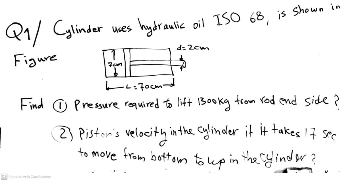 Cylinder uses
hydraulic oil ISO 68, is Shown in
d= 2cm
HE
Figure
Fem
Find © Pressure required to lift 1300kg from rod end side ?
23 Piston's velocity in the cylinder it t takes 17 sec
to move from bottom tokp in the Cyind or?
CS Scanned with CamScanner
