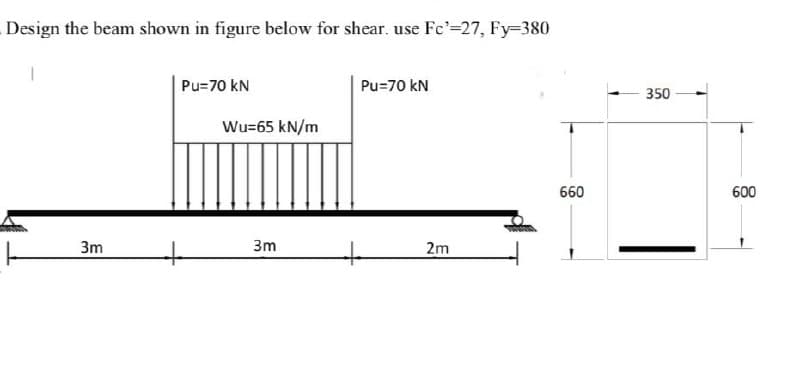 Design the beam shown in figure below for shear. use Fc¹=27, Fy=380
1
3m
Pu=70 kN
+
Wu-65 kN/m
3m
Pu=70 kN
2m
660
350
600