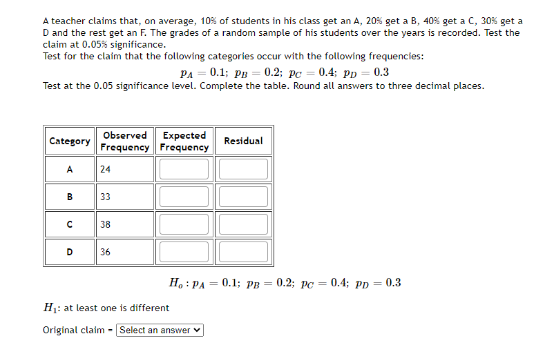 A teacher claims that, on average, 10% of students in his class get an A, 20% get a B, 40% get a C, 30% get a D and the rest get an F. The grades of a random sample of his students over the years are recorded. Test the claim at 0.05 significance.

Test for the claim that the following categories occur with the following frequencies:
\[ p_A = 0.1; \quad p_B = 0.2; \quad p_C = 0.4; \quad p_D = 0.3 \]

Test at the 0.05 significance level. Complete the table. Round all answers to three decimal places.

\[
\begin{array}{|c|c|c|c|}
\hline
\text{Category} & \text{Observed Frequency} & \text{Expected Frequency} & \text{Residual} \\
\hline
A & 24 & & \\
B & 33 & & \\
C & 38 & & \\
D & 36 & & \\
\hline
\end{array}
\]

\[ H_0: p_A = 0.1; \quad p_B = 0.2; \quad p_C = 0.4; \quad p_D = 0.3 \]

\[ H_1: \text{at least one is different} \]

Original claim = Select an answer