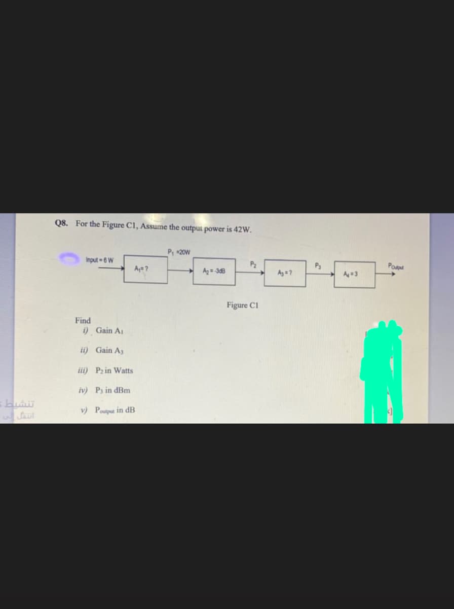 Q8. For the Figure Cl, Assume the output power is 42W.
P, 20W
Input-6W
Aa?
P3
Po
Az = 348
Ay =7
A=3
Figure C1
Find
i) Gain A1
ii) Gain A3
iii) P2 in Watts
iv) Ps in dBm
v) Poutput in dB
Saul
