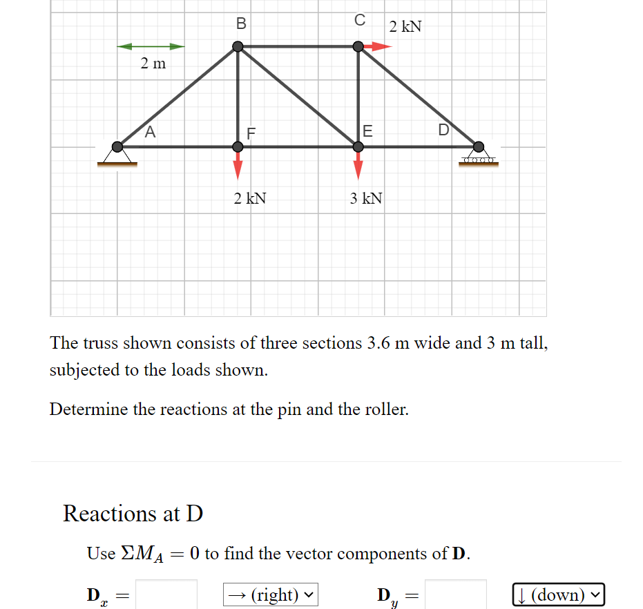 ### Analysis of Truss System

#### Description:
The truss shown consists of three sections, each 3.6 meters wide and 3 meters tall, subjected to the loads as illustrated in the diagram.

#### Objective:
Determine the reactions at the pin (A) and the roller (D).

#### Diagram Breakdown:
1. **Geometry:**
   - Points: A, B, C, D, E, and F.
   - Horizontal sections (each 2 meters wide).
   - Vertical sections (each 3 meters tall).

2. **Forces:**
   - At B: 2 kN downwards.
   - At C: 3 kN downwards and 2 kN to the right.

#### Calculations:
##### Reactions at D:
- **Use equilibrium equations:**
  \[ \Sigma M_A = 0 \]
  This equation states that the sum of the moments around point A is zero, which helps in determining the vector components of point D.

- **Components of Reaction at D:**
  - \( D_x \) -- Horizontal reaction component.
  - \( D_y \) -- Vertical reaction component.

##### Table for Components:

| Reaction  | Direction |
|-----------|-----------|
| \( D_x \) | →  (right) |
| \( D_y \) | ↓ (down)  |

This formulation forms the basis to solve for the reactions at supports A and D.  

Make sure to refer to the fundamental statics equations to progress with solving:

1. \( \sum F_x = 0 \)
2. \( \sum F_y = 0 \)
3. \( \sum M_A = 0 \)

These equilibrium equations will help in determining the unknown reaction forces at the pin and roller supports.