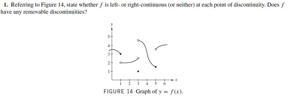 1. Referring to Figure 14, state whether f is left- or right-continuous (or neither) at each point of discontinuity. Does f
have any removable discontinuities?
4
2-
6.
FIGURE 14 Graph of y = f(x).
