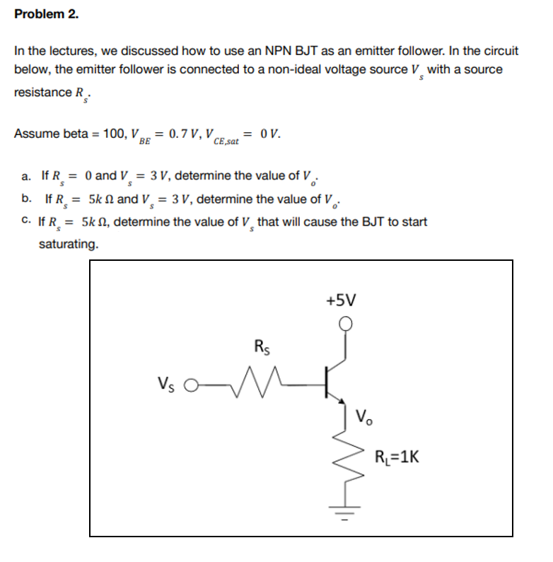 Problem 2.
In the lectures, we discussed how to use an NPN BJT as an emitter follower. In the circuit
below, the emitter follower is connected to a non-ideal voltage source V with a source
resistance R.
Assume beta = 100, V = 0.7 V, V
= OV.
BE
CE,sat
a. If R = = 0 and V = 3 V, determine the value of V
b. If R = 5k and V = 3 V, determine the value of V.
C. If R = 5k , determine the value of V that will cause the BJT to start
S
saturating.
+5V
Rs
Vs
ㅅ
Vo
R₁=1K