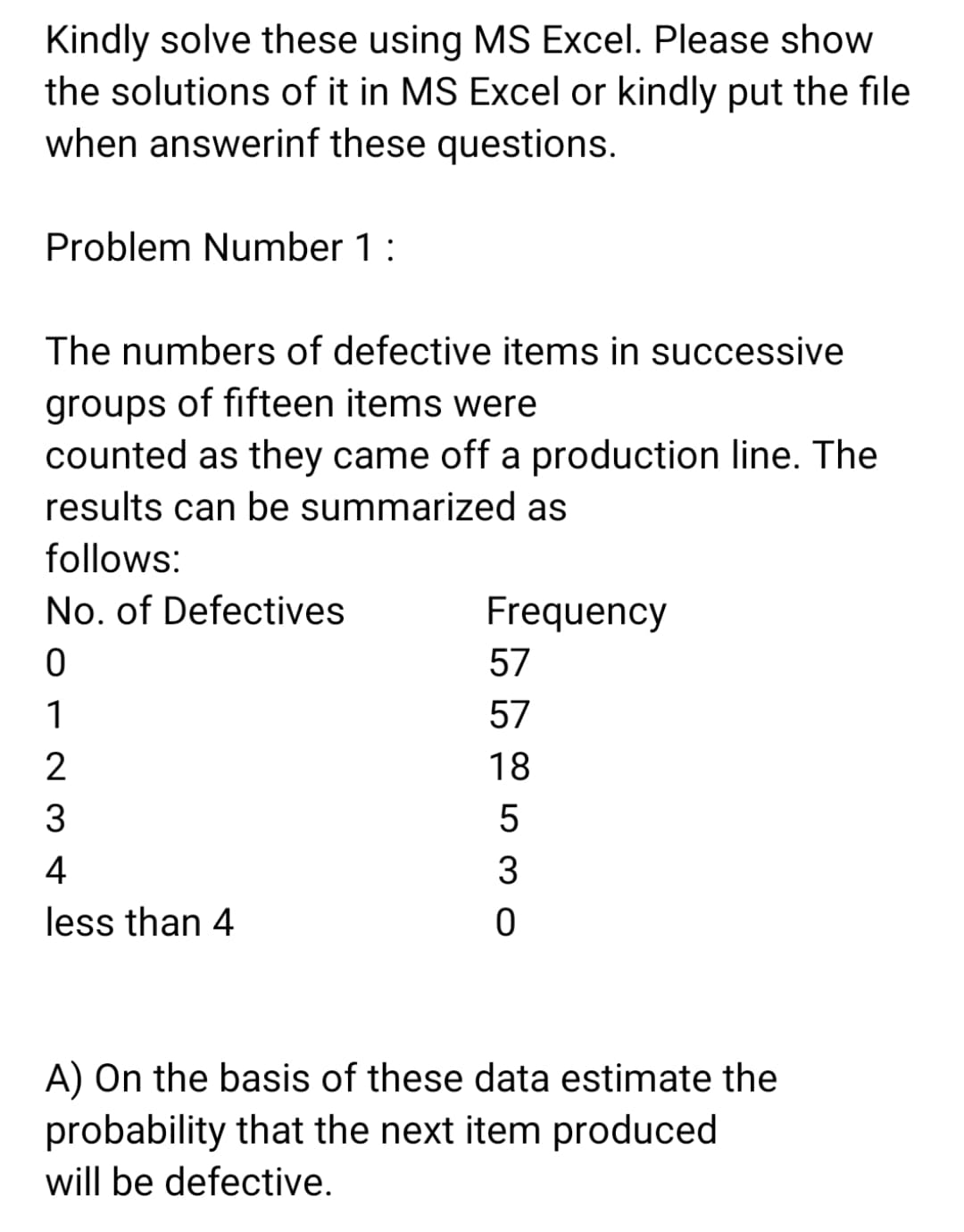 Kindly solve these using MS Excel. Please show
the solutions of it in MS Excel or kindly put the file
when answerinf these questions.
Problem Number 1 :
The numbers of defective items in successive
groups of fifteen items were
counted as they came off a production line. The
results can be summarized as
follows:
No. of Defectives
Frequency
57
1
57
2
18
3
4
less than 4
A) On the basis of these data estimate the
probability that the next item produced
will be defective.
