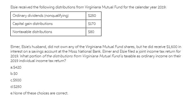 Elsie received the following distributions from Virginiana Mutual Fund for the calendar year 2019:
Ordinary dividends (nonqualifying)
$250
Capital gain distributions
$170
Nontaxable distributions
$80
Elmer, Elsie's husband, did not own any of the Virginiana Mutual Fund shares, but he did receive $1,600 in
interest on a savings account at the Moss National Bank. Elmer and Elsie filed a joint income tax return for
2019. What portion of the distributions from Virginiana Mutual Fund is taxable as ordinary income on their
2019 individual income tax return?
a.$420
b.$0
c.$500
d.$250
e.None of these choices are correct.
