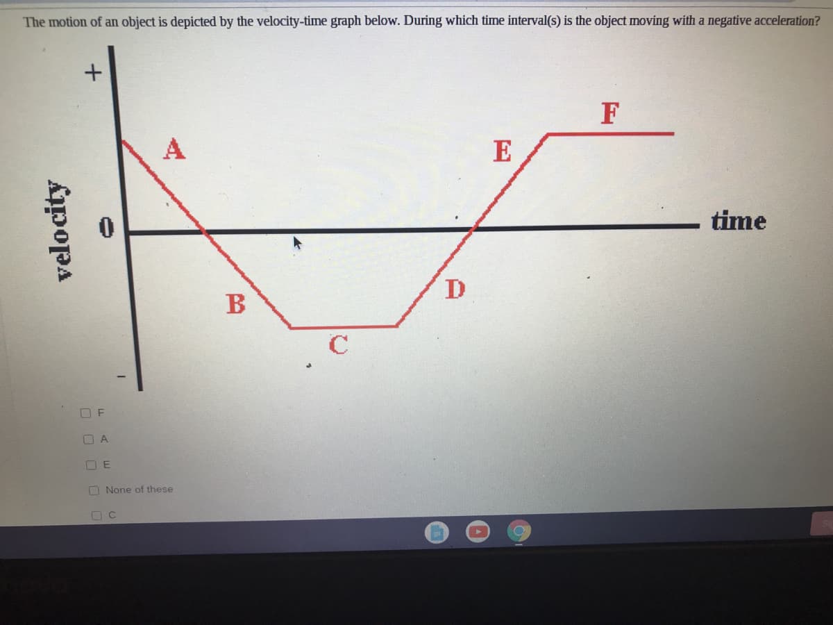 The motion of an object is depicted by the velocity-time graph below. During which time interval(s) is the object moving with a negative acceleration?
F
A
E
time
В
O A
O E
O None of these
velocity
O O O
