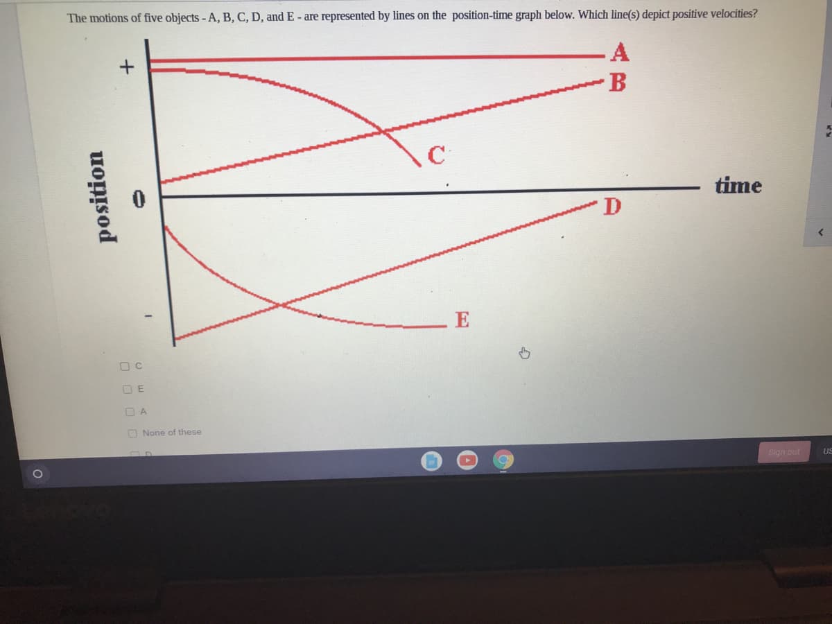 The motions of five objects - A, B, C, D, and E- are represented by lines on the position-time graph below. Which line(s) depict positive velocities?
-A
B
C
time
D.
E
O E
O A
O None of these
Sign out
US
position
