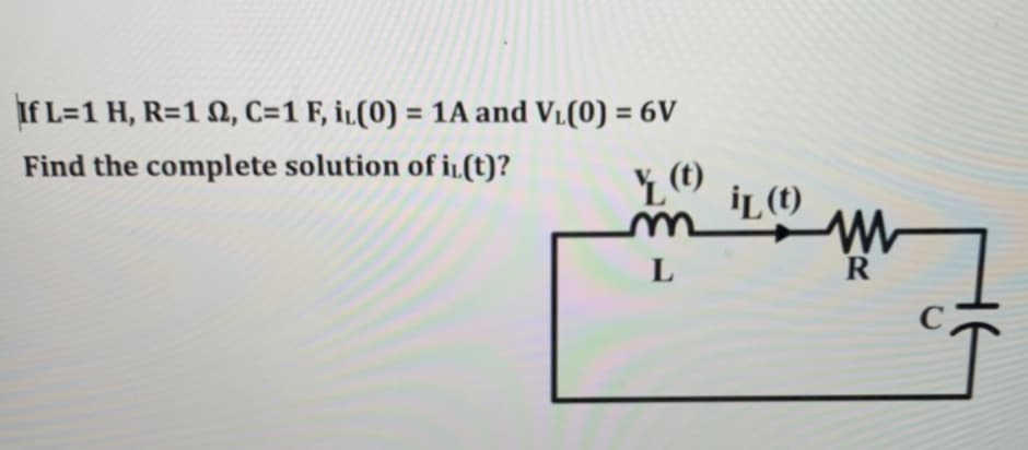 If L=1 H, R=1 M2, C=1 F, iL(0) = 1A and V₁(0) = 6V
Find the complete solution of i(t)?
YO
L
iL (t)
ww
R
C