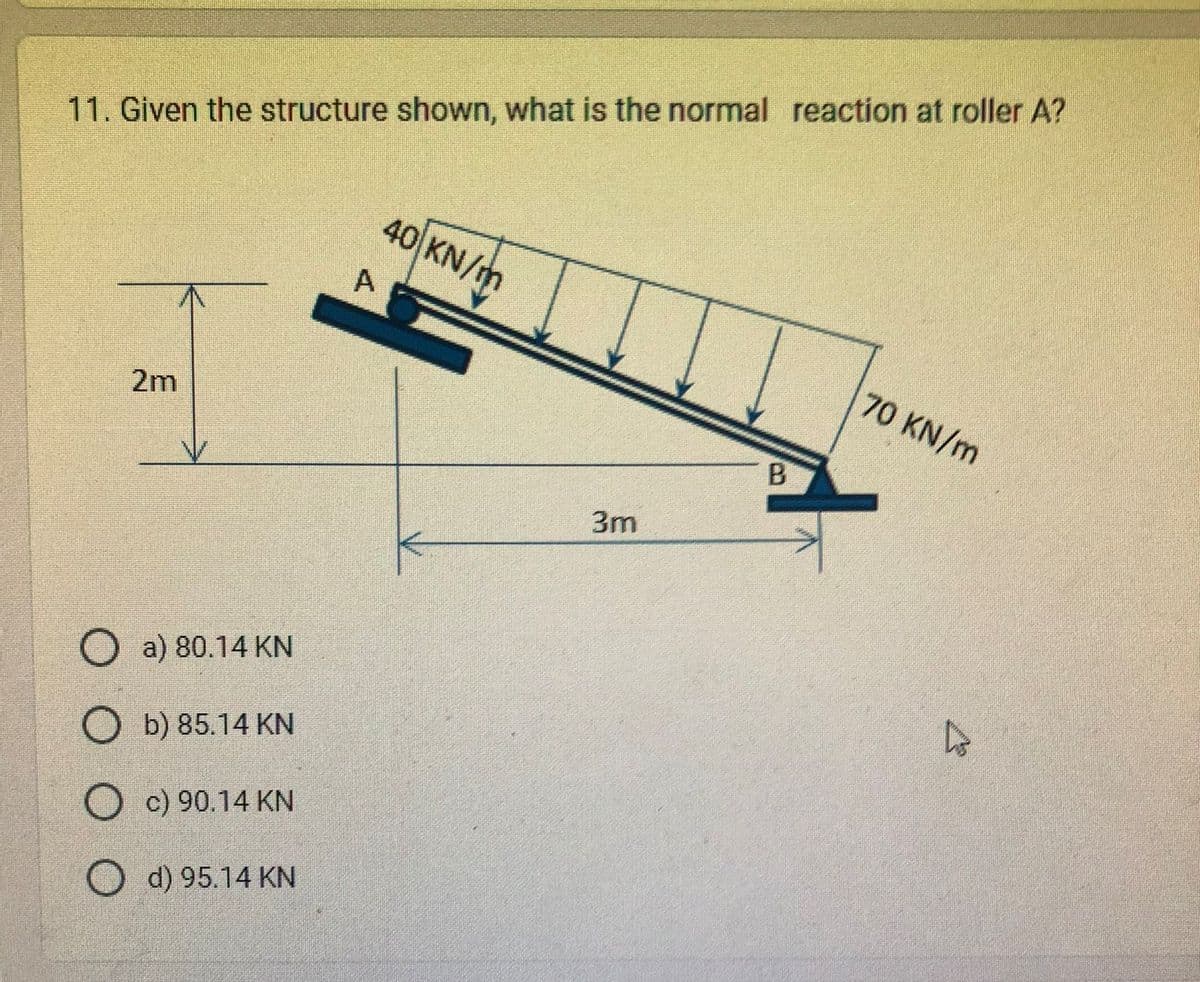 11. Given the structure shown, what is the normal reaction at roller A?
2m
a) 80.14 KN
b) 85.14 KN
O c) 90.14 KN
O d) 95.14 KN
40 KN/m
A
3m
B
70 KN/m