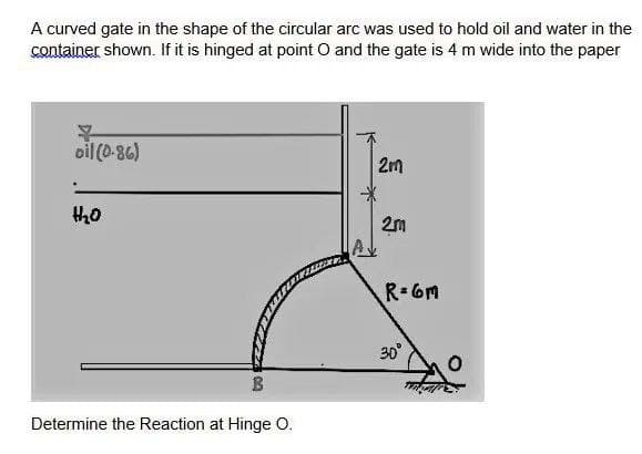 A curved gate in the shape of the circular arc was used to hold oil and water in the
container shown. If it is hinged at point O and the gate is 4 m wide into the paper
7
oil (0-86)
Hh₂0
B
Determine the Reaction at Hinge O.
2m
2m
R=6M
30°
O