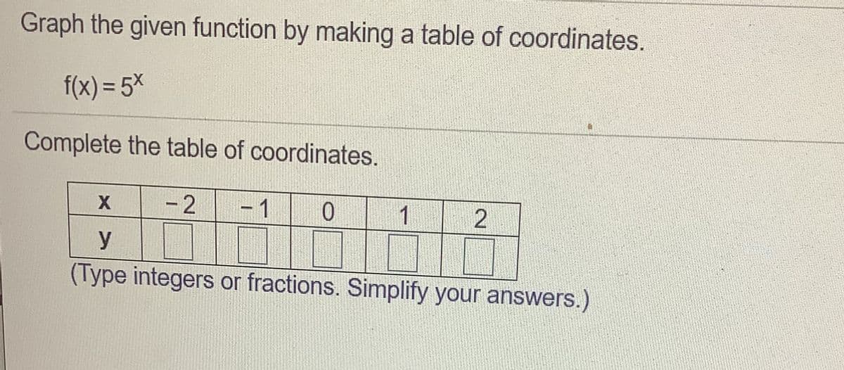 Graph the given function by making a table of coordinates.
f(x) = 5x
Complete the table of coordinates.
X
- 2
- 1
1
2
y
(Type integers or fractions. Simplify your answers.)
