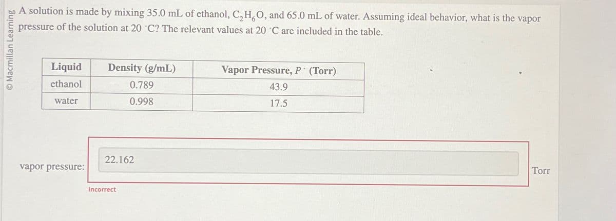 Macmillan Learning
A solution is made by mixing 35.0 mL of ethanol, C₂H6O, and 65.0 mL of water. Assuming ideal behavior, what is the vapor
pressure of the solution at 20 °C? The relevant values at 20 °C are included in the table.
Liquid Density (g/mL)
ethanol
water
vapor pressure:
0.789
0.998
22.162
Incorrect
Vapor Pressure, P (Torr)
43.9
17.5
Torr