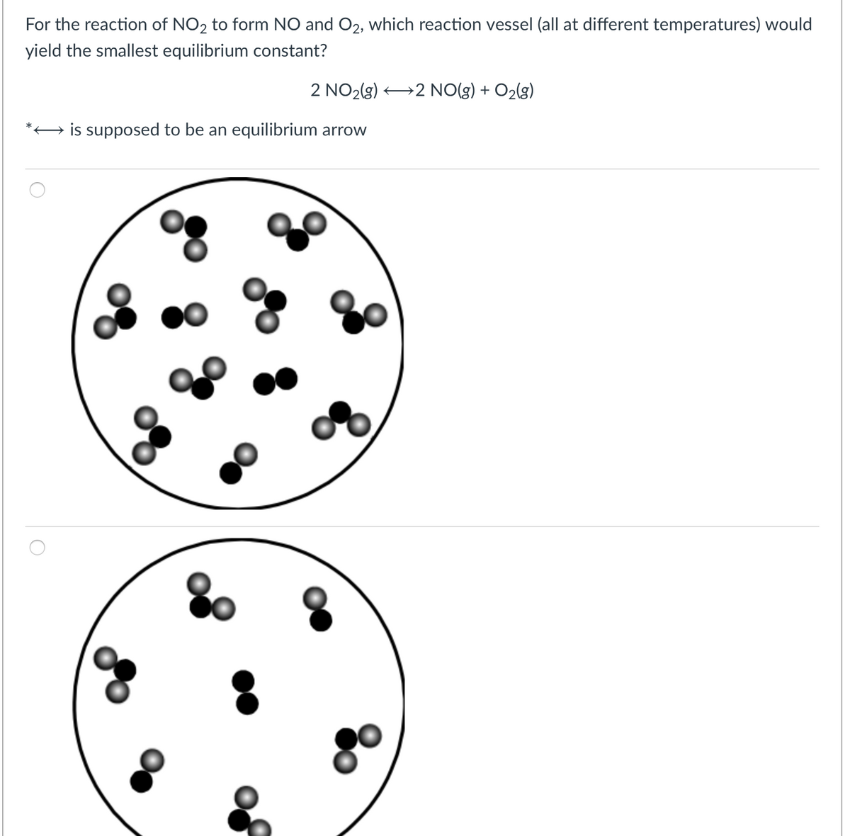 For the reaction of NO2 to form NO and O2, which reaction vessel (all at different temperatures) would
yield the smallest equilibrium constant?
2 NO2(g)
+2 NO(g) + O2(g)
→ is supposed to be an equilibrium arrow
