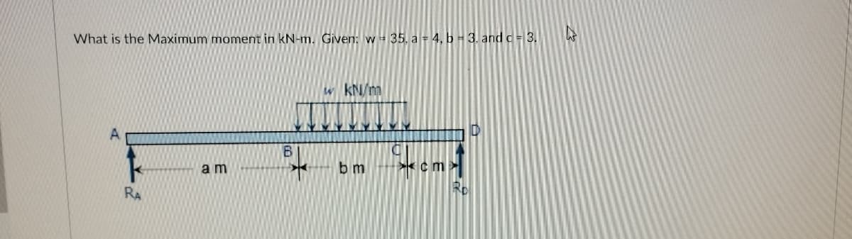 What is the Maximum moment in kN-m. Given: w 35. a = 4, b = 3. and c= 3.
w kN/m
A
am
b m
* cm
RA
