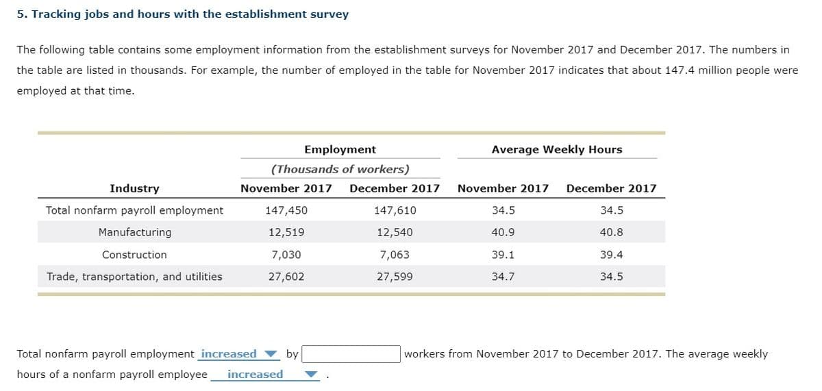 5. Tracking jobs and hours with the establishment survey
The following table contains some employment information from the establishment surveys for November 2017 and December 2017. The numbers in
the table are listed in thousands. For example, the number of employed in the table for November 2017 indicates that about 147.4 million people were
employed at that time.
Industry
Total nonfarm payroll employment
Manufacturing
Construction
Trade, transportation, and utilities
Employment
(Thousands of workers)
November 2017 December 2017
147,450
12,519
7,030
27,602
Total nonfarm payroll employment increased by
hours of a nonfarm payroll employee increased
147,610
12,540
7,063
27,599
Average Weekly Hours
November 2017 December 2017
34.5
40.9
39.1
34.7
34.5
40.8
39.4
34.5
workers from November 2017 to December 2017. The average weekly