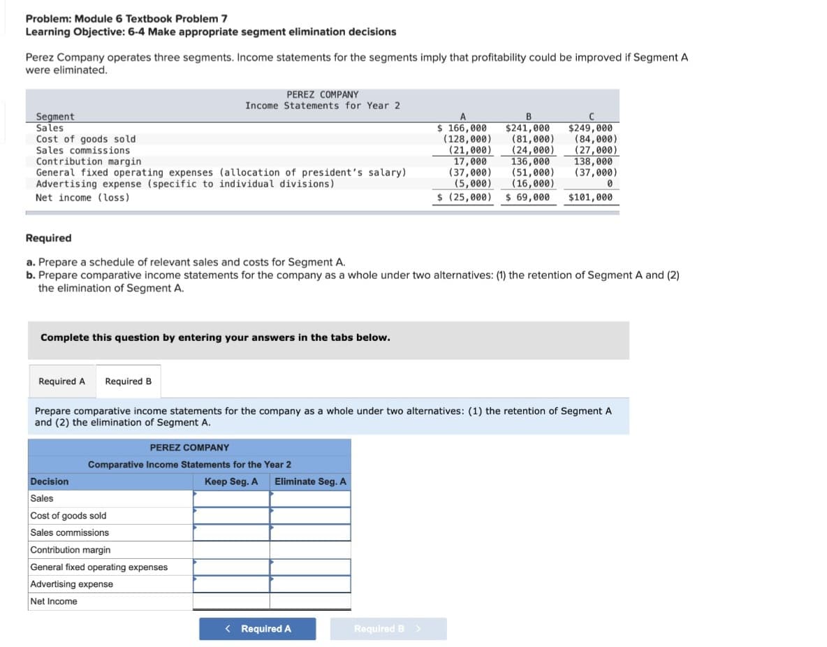 Problem: Module 6 Textbook Problem 7
Learning Objective: 6-4 Make appropriate segment elimination decisions
Perez Company operates three segments. Income statements for the segments imply that profitability could be improved if Segment A
were eliminated.
Segment
Sales
Cost of goods sold
Sales commissions
Contribution margin
General fixed operating expenses (allocation of president's salary)
Advertising expense (specific to individual divisions)
Net income (loss)
PEREZ COMPANY
Income Statements for Year 2
Complete this question by entering your answers in the tabs below.
Required A Required B
PEREZ COMPANY
Comparative Income Statements for the Year 2
Decision
Sales
Cost of goods sold
Sales commissions
Contribution margin
General fixed operating expenses
Advertising expense
Net Income
Keep Seg. A Eliminate Seg. A
A
$ 166,000
(128,000)
(21,000)
Required
a. Prepare a schedule of relevant sales and costs for Segment A.
b. Prepare comparative income statements for the company as a whole under two alternatives: (1) the retention of Segment A and (2)
the elimination of Segment A.
< Required A
B
$241,000
Required B >
(81,000)
(24,000)
Prepare comparative income statements for the company as a whole under two alternatives: (1) the retention of Segment A
and (2) the elimination of Segment A.
с
$249,000
17,000
(37,000)
(5,000)
(16,000)
$ (25,000) $ 69,000
(84,000)
(27,000)
136,000
138,000
(51,000) (37,000)
0
$101,000