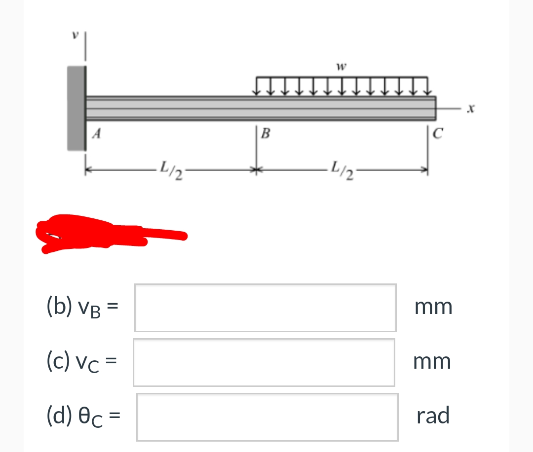 (b) VB=
(c) Vc =
(d) Ốc =
_L/2
B
W
·L/2
mm
mm
rad
X