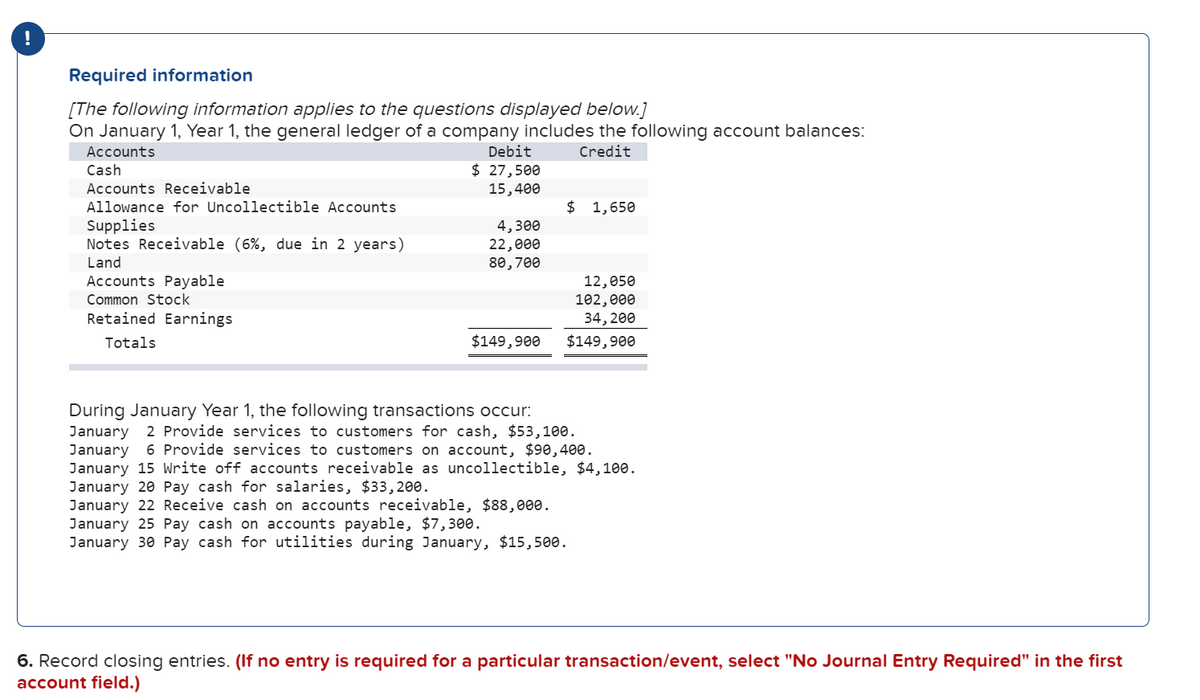 !
Required information
[The following information applies to the questions displayed below.]
On January 1, Year 1, the general ledger of a company includes the following account balances:
Debit
$ 27,500
15,400
Accounts
Credit
Cash
Accounts Receivable
Allowance for Uncollectible Accounts
$ 1,650
Supplies
Notes Receivable (6%, due in 2 years)
4,300
22,000
80,700
Land
Accounts Payable
12,050
102,000
34, 200
Common Stock
Retained Earnings
Totals
$149,900
$149,900
During January Year 1, the following transactions occur:
January 2 Provide services to customers for cash, $53,100.
January 6 Provide services to customers on account, $90,400.
January 15 Write off accounts receivable as uncollectible, $4,100.
January 20 Pay cash for salaries, $33,200.
January 22 Receive cash on accounts receivable, $88,000.
January 25 Pay cash on accounts payable, $7,300.
January 30 Pay cash for utilities during January, $15,500.
6. Record closing entries. (If no entry is required for a particular transaction/event, select "No Journal Entry Required" in the first
account field.)
