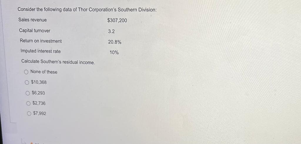 Consider the following data of Thor Corporation's Southern Division:
Sales revenue
$307,200
Capital turnover
3.2
Return on investment
20.8%
Imputed interest rate
10%
Calculate Southern's residual income.
O None of these
O $10,368
O $6,293
O $2,736
O $7,992
