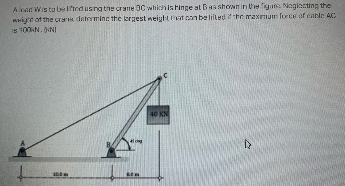 A load W is to be lifted using the crane BC which is hinge at B as shown in the figure. Neglecting the
weight of the crane, determine the largest weight that can be lifted if the maximum force of cable AC
is 100kN. (kN)
C.
40 KN
45 deg
10.0 m
80m
