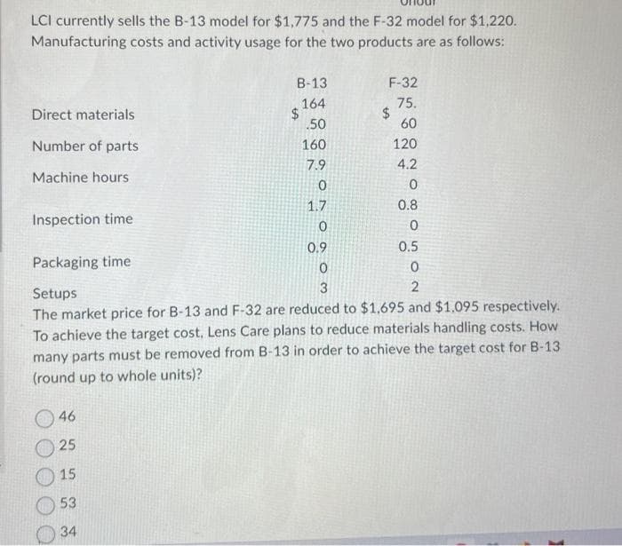 LCI currently sells the B-13 model for $1,775 and the F-32 model for $1,220.
Manufacturing costs and activity usage for the two products are as follows:
Direct materials
Number of parts
Machine hours
Inspection time
B-13
164
.50
160
7.9
0
1.7
0
0.9
0
3
46
25
15
53
34
$
F-32
75.
60
120
4.2
0
0.8
0
$
0.5
Packaging time
0
2
Setups
The market price for B-13 and F-32 are reduced to $1,695 and $1,095 respectively.
To achieve the target cost, Lens Care plans to reduce materials handling costs. How
many parts must be removed from B-13 in order to achieve the target cost for B-13
(round up to whole units)?