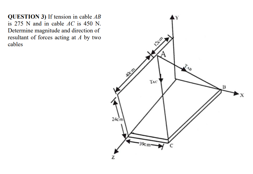 QUESTION 3) If tension in cable AB
is 275 N and in cable AC is 450 N.
Determine magnitude and direction of
resultant of forces acting at A by two
cables
24cm
Z
40cm
12cm
TAC
-39cm-
18
C
TAB
'Х