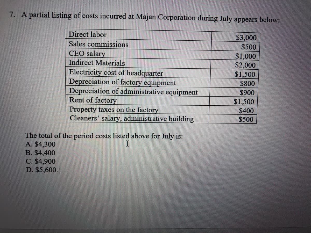 7. A partial listing of costs incurred at Majan Corporation during July appears below:
Direct labor
$3,000
Sales commissions
$500
CEO salary
Indirect Materials
$1,000
$2,000
$1,500
$800
Electricity cost of headquarter
Depreciation of factory equipment
Depreciation of administrative equipment
Rent of factory
Property taxes on the factory
Cleaners' salary, administrative building
$900
$1,500
$400
$500
The total of the period costs listed above for July is:
A. $4,300
B. $4,400
C. $4,900
D. $5,600.
