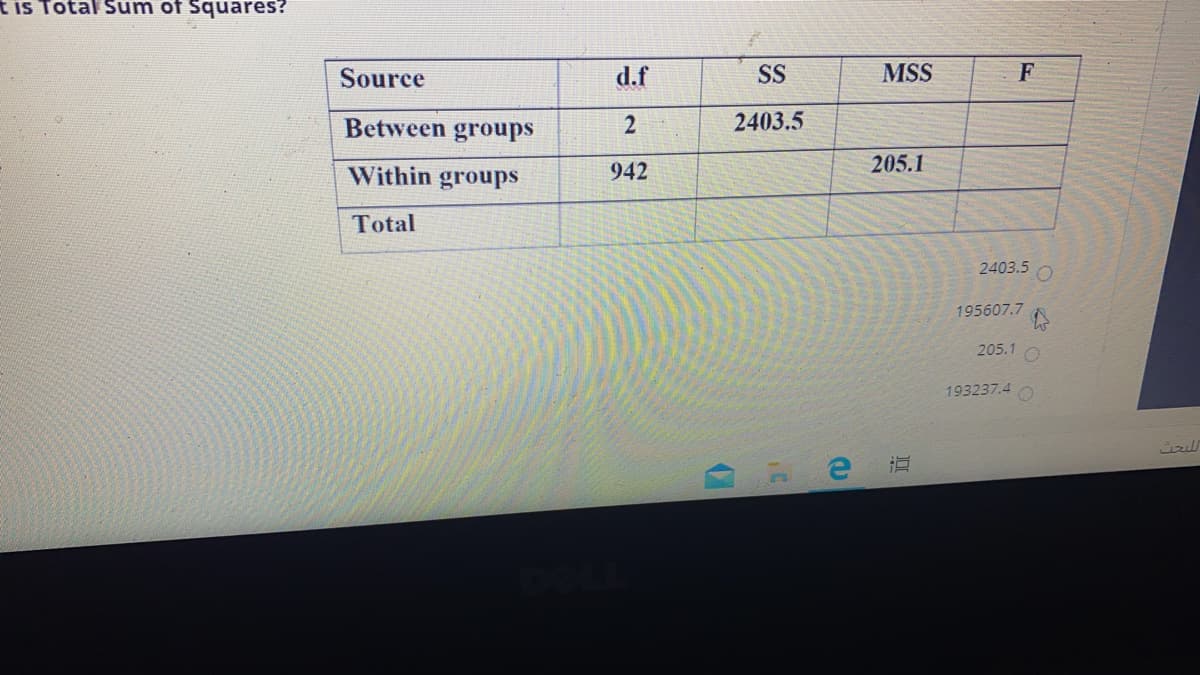 t is Total S um of Squares?
Source
d.f
SS
MSS
F
Between groups
2
2403.5
Within groups
942
205.1
Total
2403.5
195607.7
205.1
193237.4
