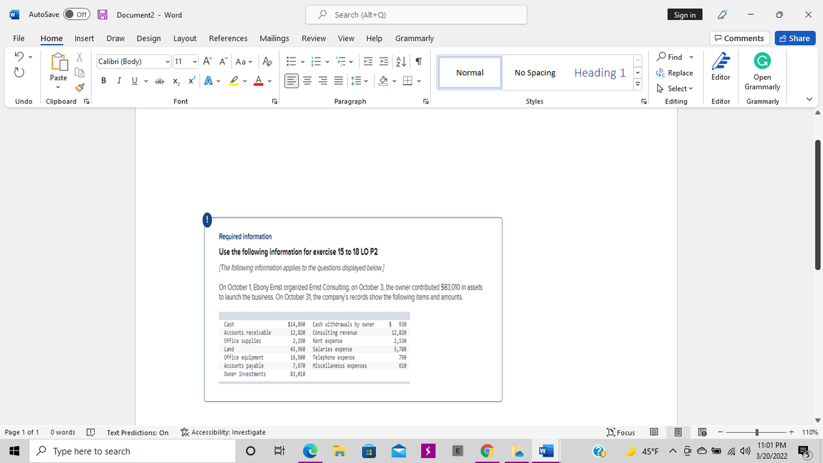 AutoSave
Off
H
Document2 - Word
P Search (Alt+Q)
Sign in
File
Design
References
Mailings
Review
View
Help
Grammarly
P Comments
A Share
Home
Insert
Draw
Layout
- 11
P Find -
G
Calibri (Body)
A A Aa v
E v E v - v
Normal
No Spacing
Heading 1
Replace
Editor
Open
Grammarly
Paste
BIU.
v ab
x, x' A .
- I v v
A
= = E v
A Select v
Undo
Clipboard
Font
Paragraph
Styles
Editing
Editor
Grammarly
Required information
Use the following information for exercise 15 to 18 LO P2
[The following information applies to the questions displayed below.]
On October 1, Ebony Ernst organized Ernst Consulting: on October 3, the owner contributed $83,010 in assets
to launch the business. On October 31, the company's records show the following items and amounts.
Cash
Accounts receivable
$ 930
$14,890 Cash withdrawals by oumer
12,820 Consulting revenue
2,290 Rent expense
45,960 Salaries expense
16.900 Telephone expense
7,678 Miscellaneous expenses
83,810
12,820
Office supplies
2,530
5,780
Land
Office equipment
Accounts payable
Ouner investments
790
610
Page 1 of 1
O words
Text Predictions: On
* Accessibility: Investigate
D. Focus
110%
11:01 PM
P Type here to search
45°F
3/20/2022
近
