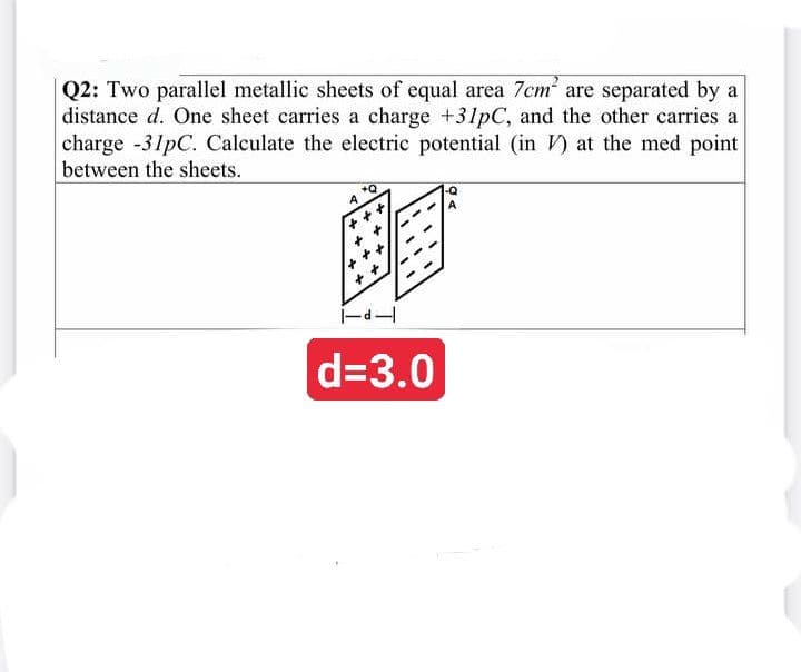 Q2: Two parallel metallic sheets of equal area 7cm are separated by a
distance d. One sheet carries a charge +31pC, and the other carries a
charge -31pC. Calculate the electric potential (in V) at the med point
between the sheets.
+Q
d=3.0
