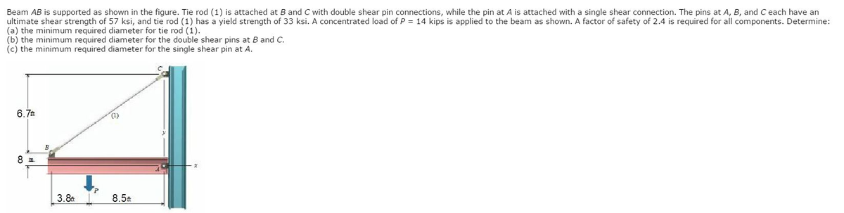 Beam AB is supported as shown in the figure. Tie rod (1) is attached at B and C with double shear pin connections, while the pin at A is attached with a single shear connection. The pins at A, B, and C each have an
ultimate shear strength of 57 ksi, and tie rod (1) has a yield strength of 33 ksi. A concentrated load of P = 14 kips is applied to the beam as shown. A factor of safety of 2.4 is required for all components. Determine:
(a) the minimum required diameter for tie rod (1).
(b) the minimum required diameter for the double shear pins at B and C.
(c) the minimum required diameter for the single shear pin at A.
6.7
8 in.
3.8ft
(2)
8.5ft