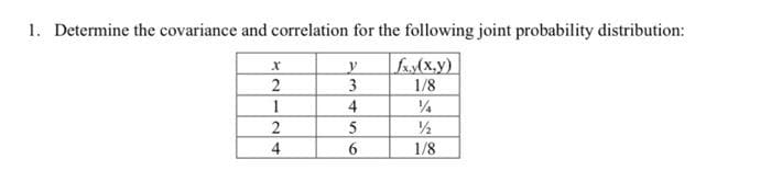 1. Determine the covariance and correlation for the following joint probability distribution:
Ls(x.y)
2
3
1/8
4
2
5
1/2
1/8
4
6
