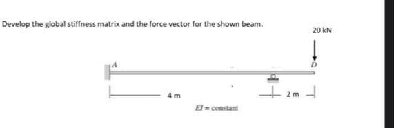 Develop the global stiffness matrix and the force vector for the shown beam.
20 kN
+ 2m -
4 m
El = constant
