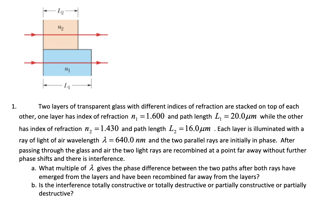 1.
Two layers of transparent glass with different indices of refraction are stacked on top of each
other, one layer has index of refraction n, =1.600 and path length L, = 20.0µm while the other
has index of refraction n, =1.430 and path length L, =16.0µm . Each layer is illuminated with a
ray of light of air wavelength 2 = 640.0 nm and the two parallel rays are initially in phase. After
passing through the glass and air the two light rays are recombined at a point far away without further
phase shifts and there is interference.
a. What multiple of 1 gives the phase difference between the two paths after both rays have
emerged from the layers and have been recombined far away from the layers?
b. Is the interference totally constructive or totally destructive or partially constructive or partially
destructive?
