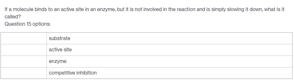 If a molecule binds to an active site in an enzyme, but it is not involved in the reaction and is simply slowing it down, what is it
called?
Question 15 options:
substrate
active site
enzyme
competitive inhibition