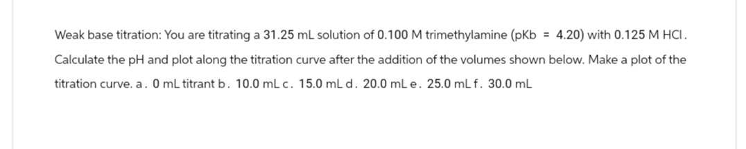 Weak base titration: You are titrating a 31.25 mL solution of 0.100 M trimethylamine (pKb = 4.20) with 0.125 M HCI.
Calculate the pH and plot along the titration curve after the addition of the volumes shown below. Make a plot of the
titration curve. a. 0 mL titrant b. 10.0 mL c. 15.0 mL d. 20.0 mL e. 25.0 mL f. 30.0 mL