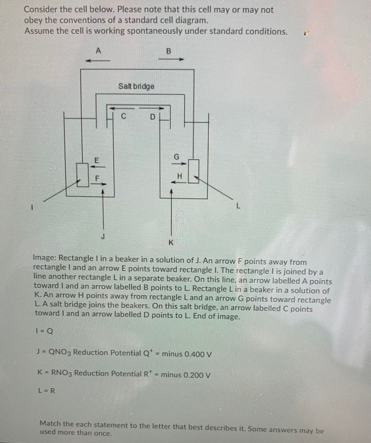 Consider the cell below. Please note that this cell may or may not
obey the conventions of a standard cell diagram.
Assume the cell is working spontancously under standard conditions.
A
B
Salt bridge
H.
K.
Image: Rectangle I in a beaker in a solution of J. An arrow F points away from
rectangle I and an arrow E points toward rectangle I. The rectangle I is joined by a
line another rectangle L in a separate beaker. On this line, an arrow labelled A points
toward I and an arrow labelled B points to L. Rectangle L in a beaker in a solution of
K. An arrow H points away from rectangle Land an arrow G points toward rectangle
L.A salt bridge joins the beakers. On this salt bridge, an arrow labelled C points
toward I and an arrow labelled D points to L. End of image.
| = Q
J = QNO3 Reduction Potential Q = minus 0.400 V
K = RNO3 Reduction Potential R = minus 0.200 V
L = R
Match the each statement to the letter that best describes it. Some answers may be
used more than once.
of:
C.
E.
