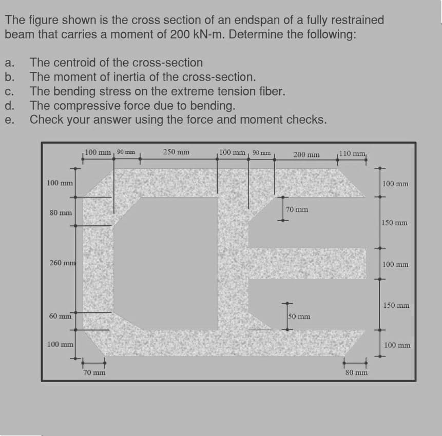 The figure shown is the cross section of an endspan of a fully restrained
beam that carries a moment of 200 kN-m. Determine the following:
a.
The centroid of the cross-section
b.
The moment of inertia of the cross-section.
С.
The bending stress on the extreme tension fiber.
d.
The compressive force due to bending.
Check your answer using the force and moment checks.
e.
100 mm, 90 mm
250 mm
100 mm, 90 mm
200 mm
110 mm
100 mm
100 mm
80 mm
70 mm
150 mm
260 mm
100 mm
150 mm
60 mm
50 mm
100 mm
100 mm
70 mm
80 mm
