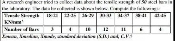 A research engineer tried to collect data about the tensile strength of 50 steel bars in
the laboratory. The data he collected is shown below. Compute the followings:
Tensile Strength 18-21 22-25 26-29 30-33 34-37 38-41
KN/mm?
42-45
Number of Bars
3
4
10
12
11
6
4
Xmean, Xmedian, Xmode, standard deviation (S.D.) and, C.V.?
