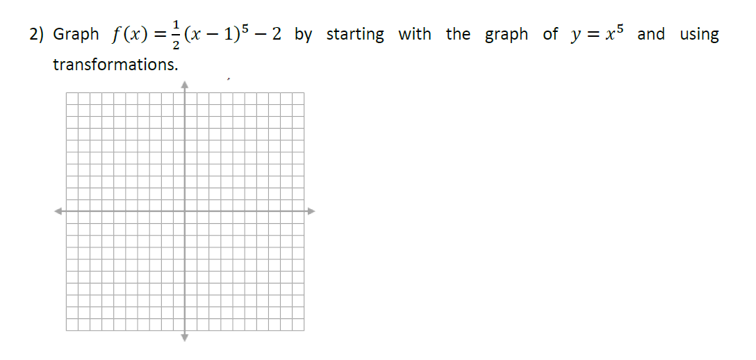 2) Graph f(x) =; (x – 1)5 – 2 by starting with the graph of y = x5 and using
transformations.
