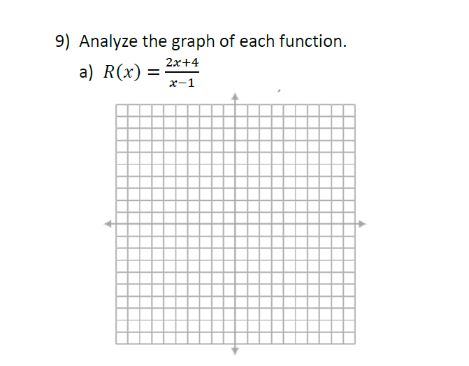 9) Analyze the graph of each function.
2x+4
a) R(x) =
х-1
