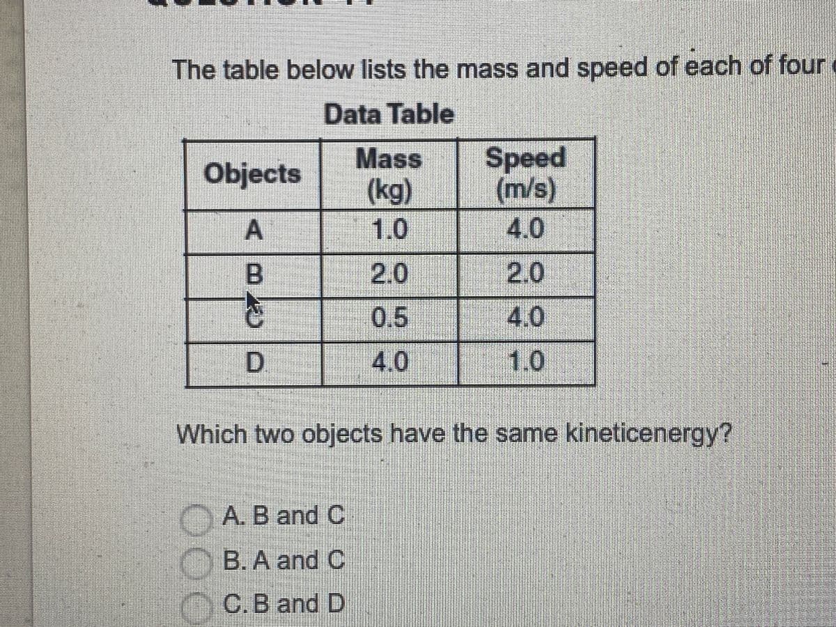 The table below lists the mass and speed of each of four
Data Table
Speed
(m/s)
4.0
Mass
Objects
(kg)
1.0
2.0
2.0
0.5
4.0
4.0
1.0
Which two objects have the same kineticenergy?
A.B andC
B. A and C
C.B and D
