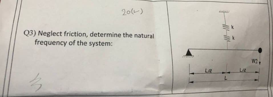 20(1)
Q3) Neglect friction, determine the natural
frequency of the system:
m
L/2
w
L
k
k
L/2
W2