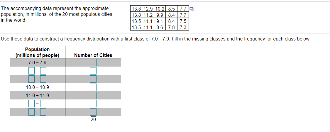 The accompanying data represent the approximate
population, in millions, of the 20 most populous cities
in the world.
13.8 12.9 10.2 8.5
7.7 D
13.8 11.2 9.9 8.4 7.7
13.5 11.1 9.1 8.4 7.5
13.5 11.1 8.6 7.8 7.3
Use these data to construct a frequency distribution with a first class of 7.0 -7.9. Fill in the missing classes and the frequency for each class below.
Population
(millions of people)
7.0 - 7.9
Number of Cities
10.0 – 10.9
11.0 – 11.9
20
