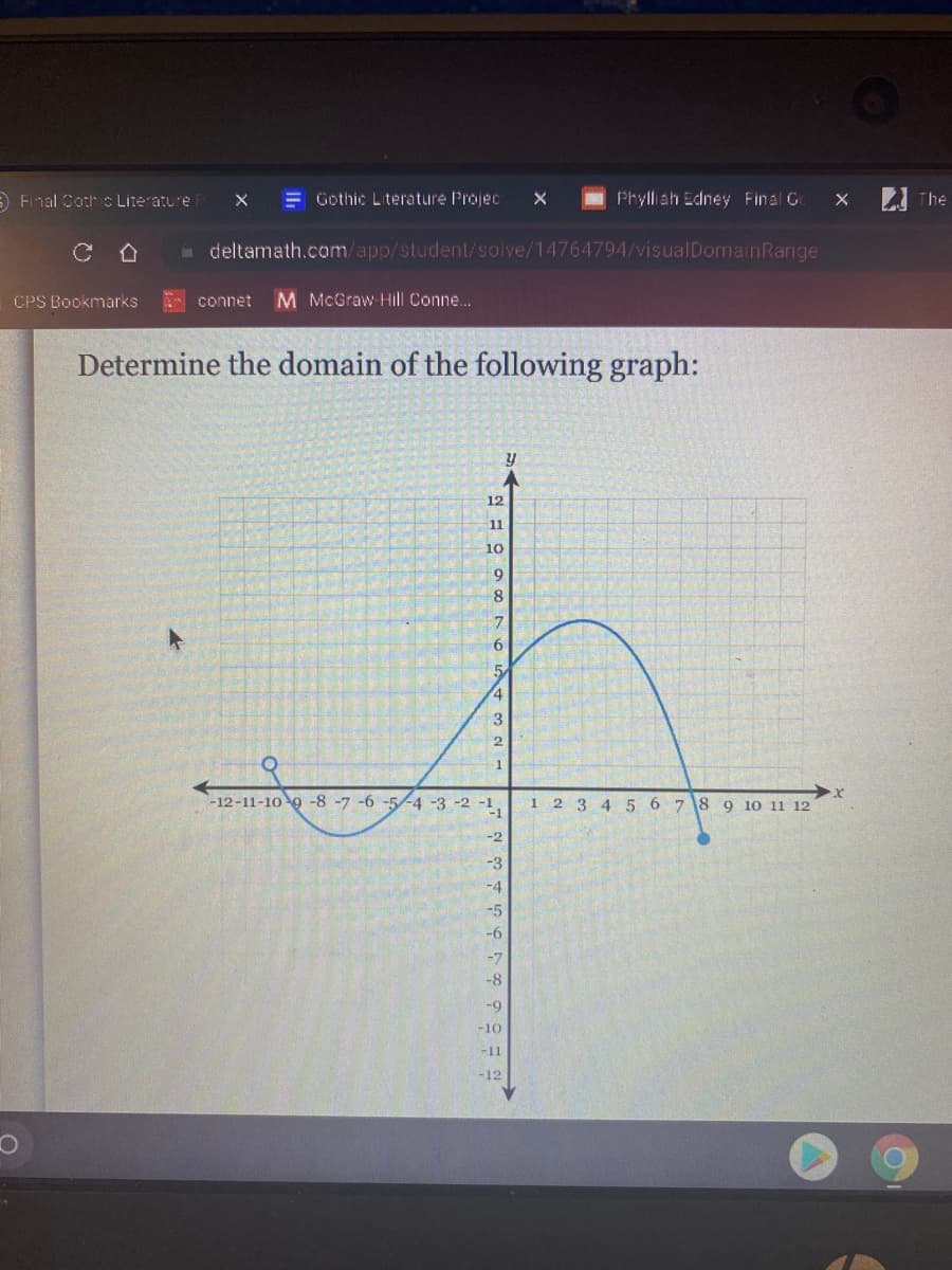 9 Final Coth c Literature
= Gothic Literature Projec
Phylliah Edney Final Go
The
in deltamath.com/app/student/solve/14764794/visualDomainRange
CPS Bookmarks
connet
M McGraw Hill Conne...
Determine the domain of the following graph:
12
11
10
9
7.
1
-12-11-10 9 -8 -7 -6 -5-4 -3 -2 -1,
1 2 3 4 5 6 7 8 9 10 11 12
-2
-3
-4
-5
-6
-7
-8
-9
-10
-11
-12
