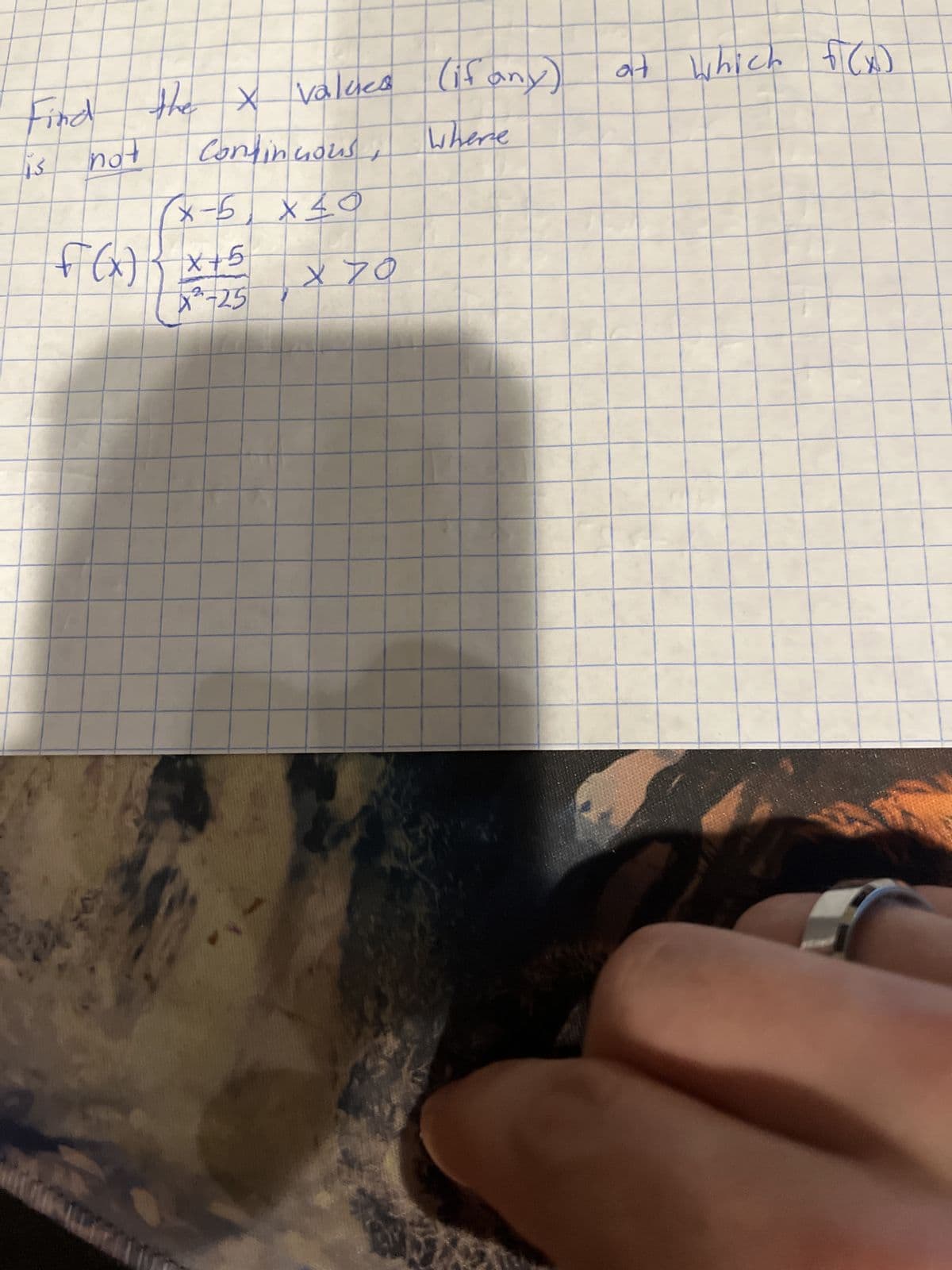 Find
st
not
the X values (if any)
Where
snon ultues
отх 9-х
F(x) ) x + 5
X²³-25
f
04 X
at which f(x)