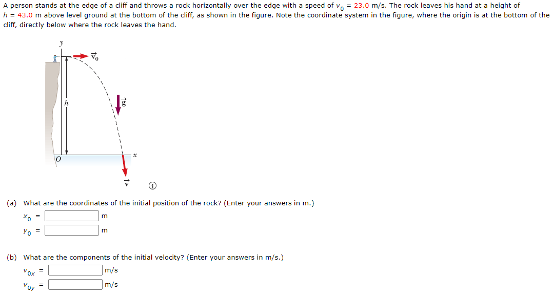 A person stands at the edge of a cliff and throws a rock horizontally over the edge with a speed of v = 23.0 m/s. The rock leaves his hand at a height of
h = 43.0 m above level ground at the bottom of the cliff, as shown in the figure. Note the coordinate system in the figure, where the origin is at the bottom of the
cliff, directly below where the rock leaves the hand.
4
7
i
(a) What are the coordinates of the initial position of the rock? (Enter your answers in m.)
Xo =
Yo =
m
(b) What are the components of the initial velocity? (Enter your answers in m/s.)
Vox =
m/s
m/s
Voy