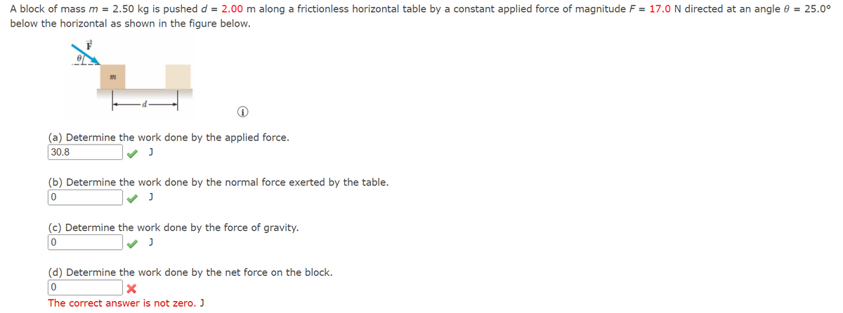 A block of mass m = 2.50 kg
below the horizontal as shown
m
pushed d = 2.00 m along a frictionless horizontal table by a constant applied force of magnitude F = 17.0 N directed at an angle 0 = 25.0⁰
in the figure below.
(a) Determine the work done by the applied force.
30.8
J
(b) Determine the work done by the normal force exerted by the table.
0
J
(c) Determine the work done by the force of gravity.
0
J
(d) Determine the work done by the net force on the block.
0
The correct answer is not zero. J