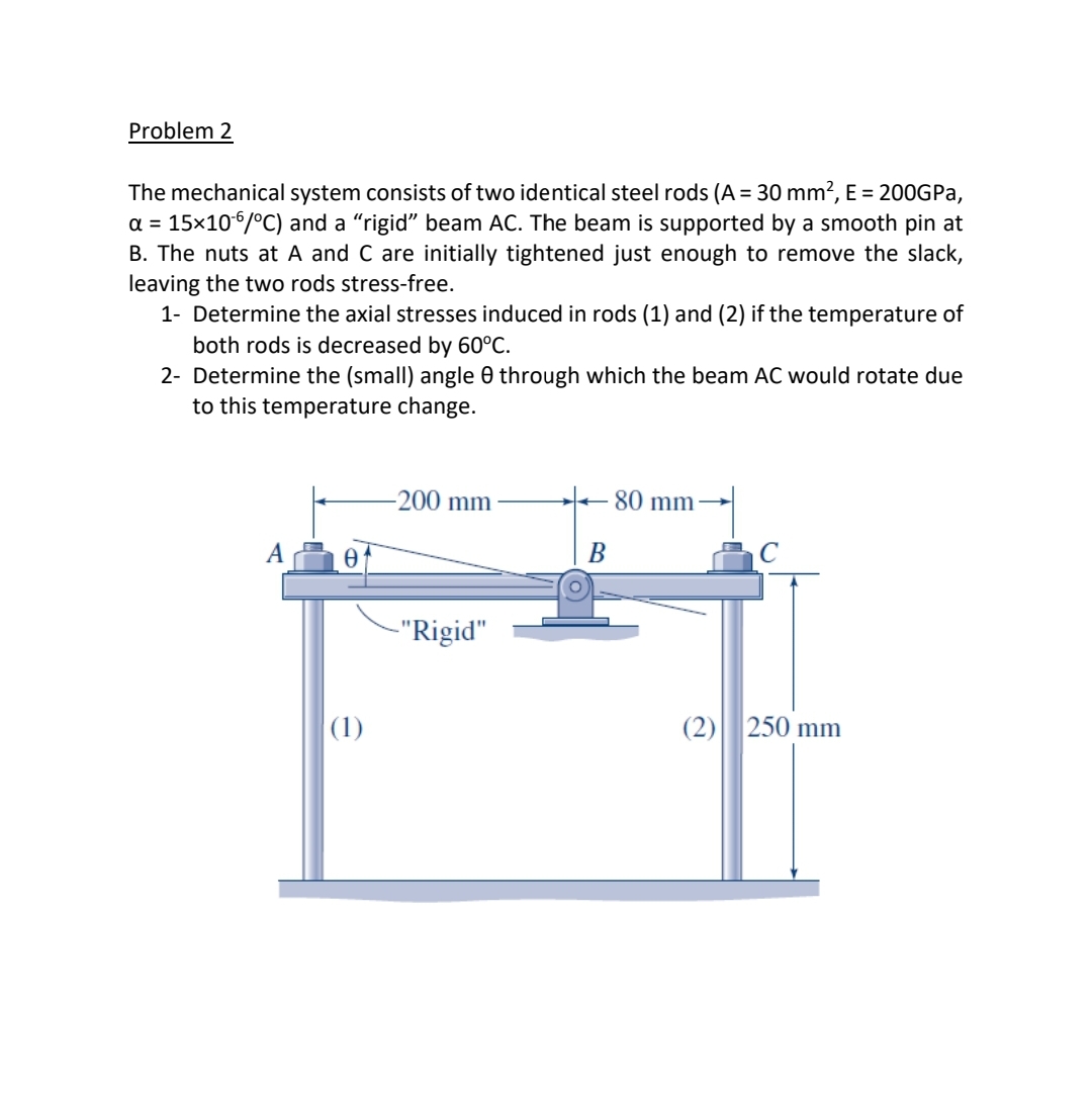 Problem 2
The mechanical system consists of two identical steel rods (A = 30 mm?, E = 200GPA,
a = 15x106/°C) and a "rigid" beam AC. The beam is supported by a smooth pin at
B. The nuts at A and C are initially tightened just enough to remove the slack,
leaving the two rods stress-free.
1- Determine the axial stresses induced in rods (1) and (2) if the temperature of
both rods is decreased by 60°C.
2- Determine the (small) angle 0 through which the beam AC would rotate due
to this temperature change.
-200 mm
+ 80 mm
B
-"Rigid"
|(1)
(2) 250 mm
