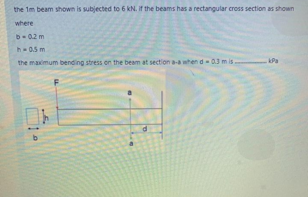 the 1m beam shown is subjected to 6 kN. if the beams has a rectangular cross section as shown
where
b = 0.2 m
h = 0.5 m
the maximum bending stress on the beam at section a-a when d = 0.3 m is
kPa
a
